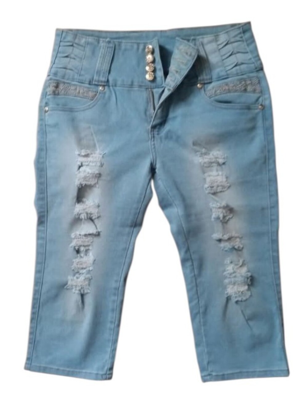 Women’s High-Waist Distressed Light Blue Rhinestone Stretch Jean Capris